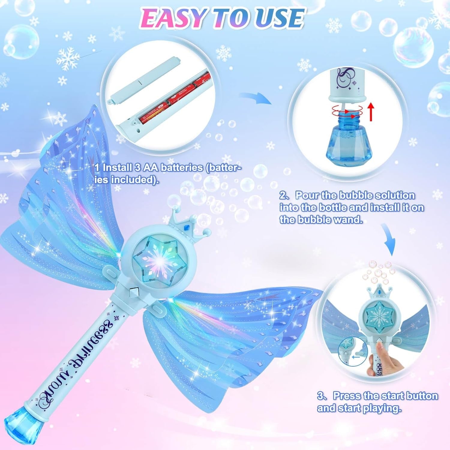 Kids Bubble Wand Light Music Fairy Princess Toy Blue