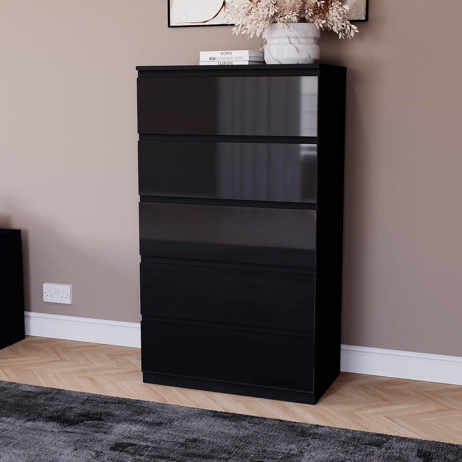 Black High Gloss 5 Drawer Chest Modern Storage Cabinet Bedroom Organizer