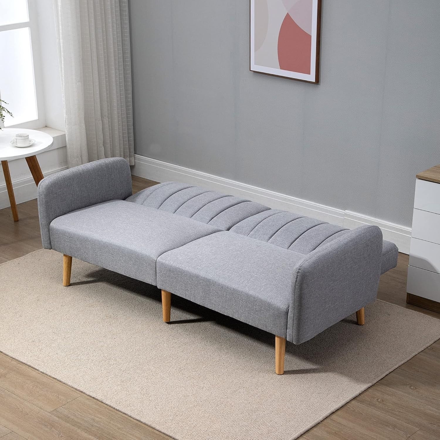 2-Seater Click Clack Sofa Bed Light Grey Linen Split Back Guest Couch Small Room