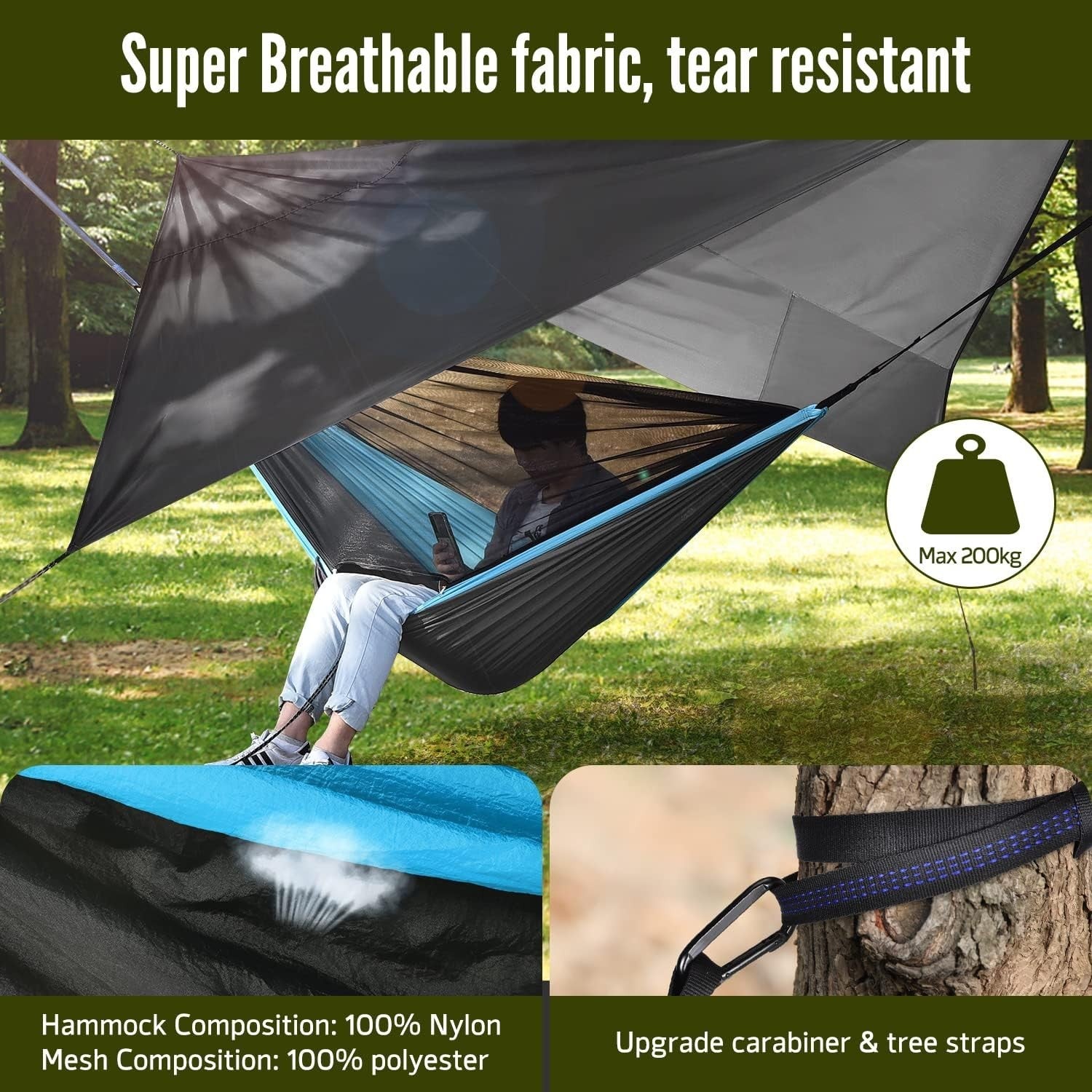 Portable Camping Hammock with Mosquito Net & Rain Fly, 290x140 cm, 200kg Load
