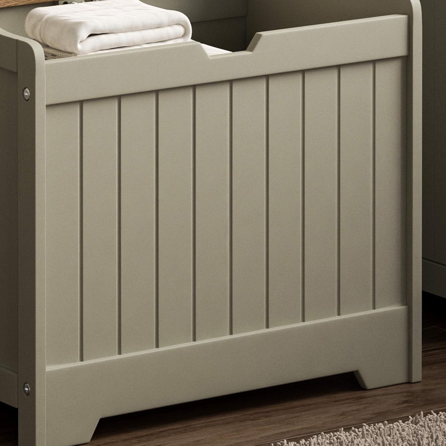Bathroom Laundry Cabinet Storage Chest with Wooden Basket Grey Oak MDF