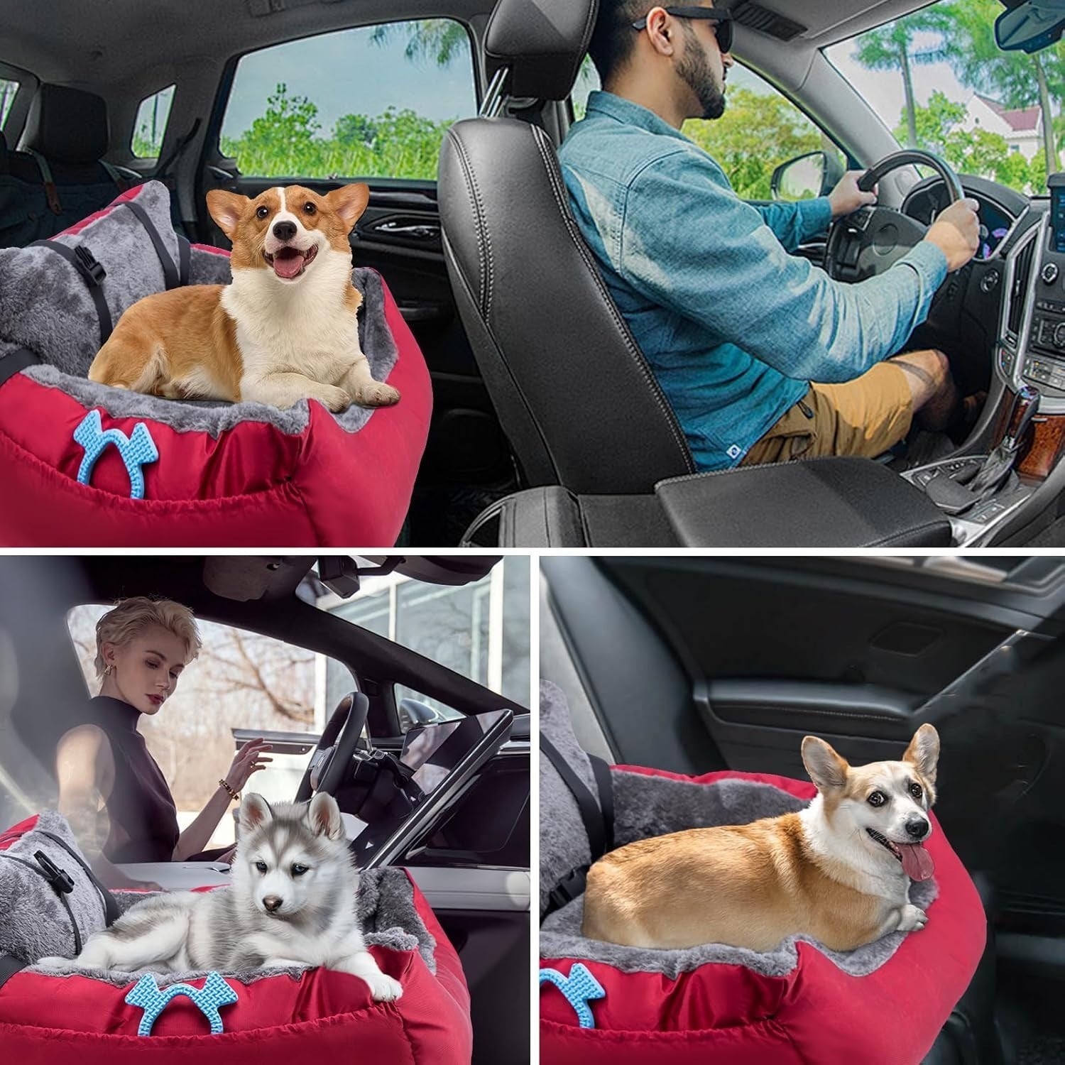 Plush Dog Car Seat Travel Bed Safety Leash Non Slip Pet Booster Red