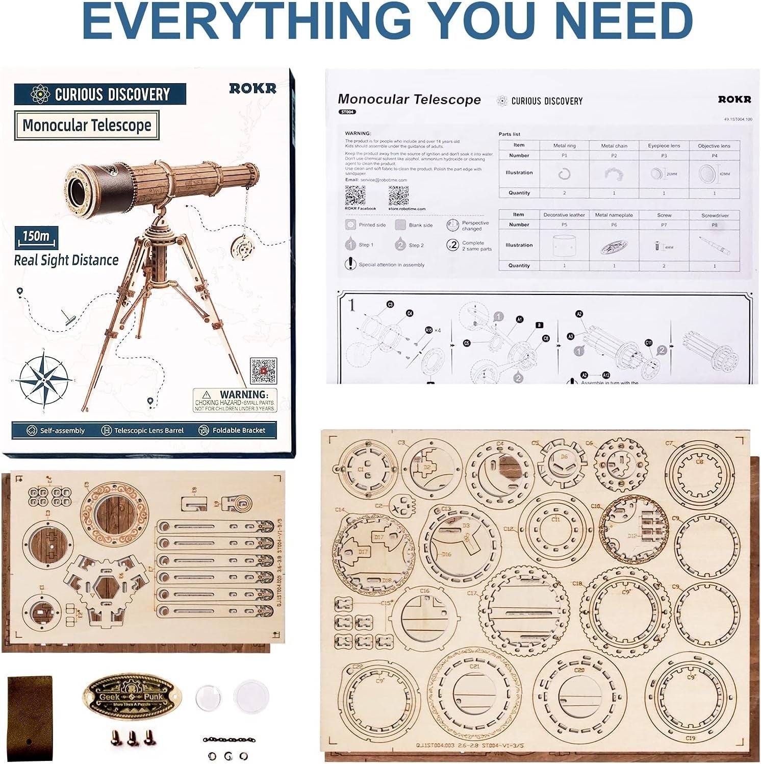 Wooden Telescope 3D Puzzle Kit DIY Model Toy for Adults Teens Gift Decor