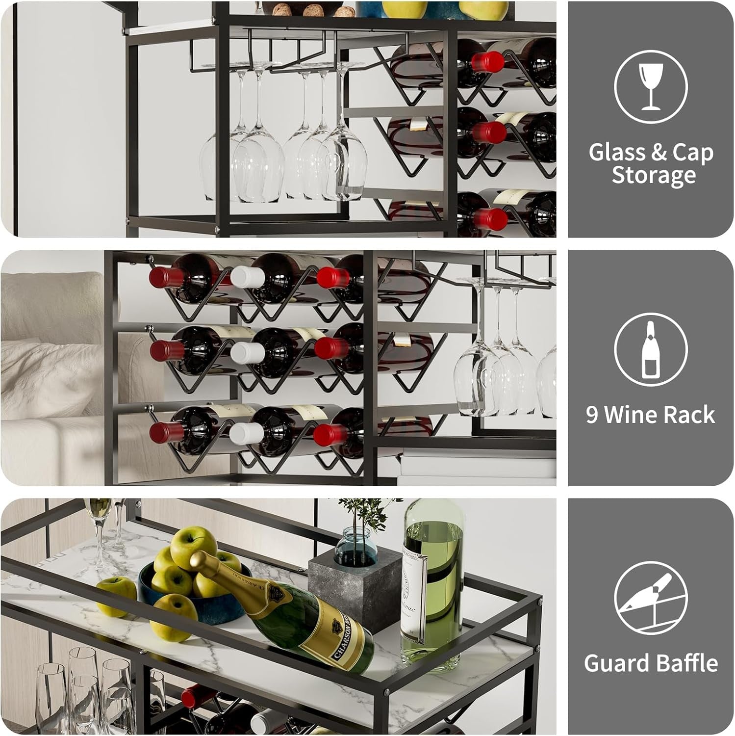 Bar Cart on Wheels with Wine Rack Glass Holder 3 Tier Drinks Trolley