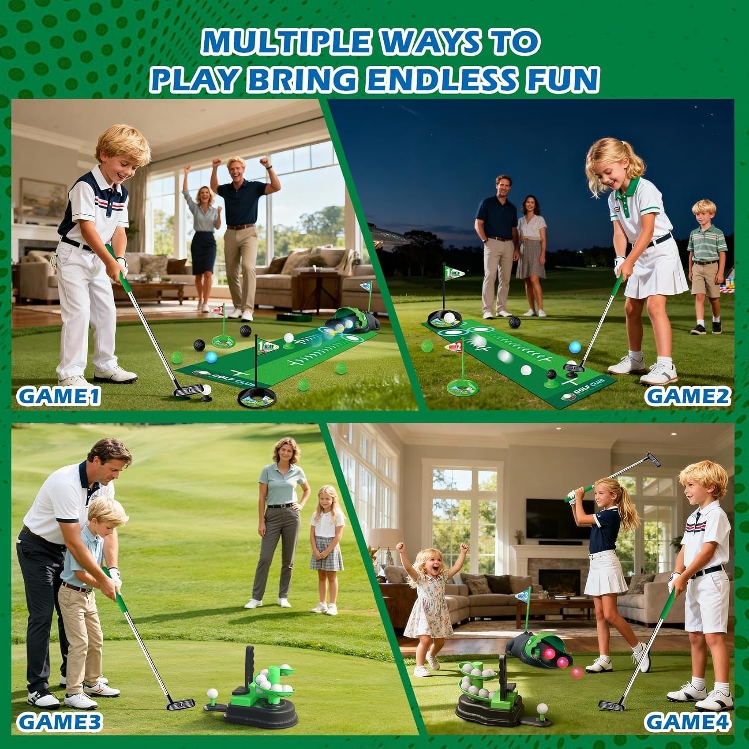 Kids Golf Toy Set 3in1 Indoor Outdoor Practice Game Auto Ball Return