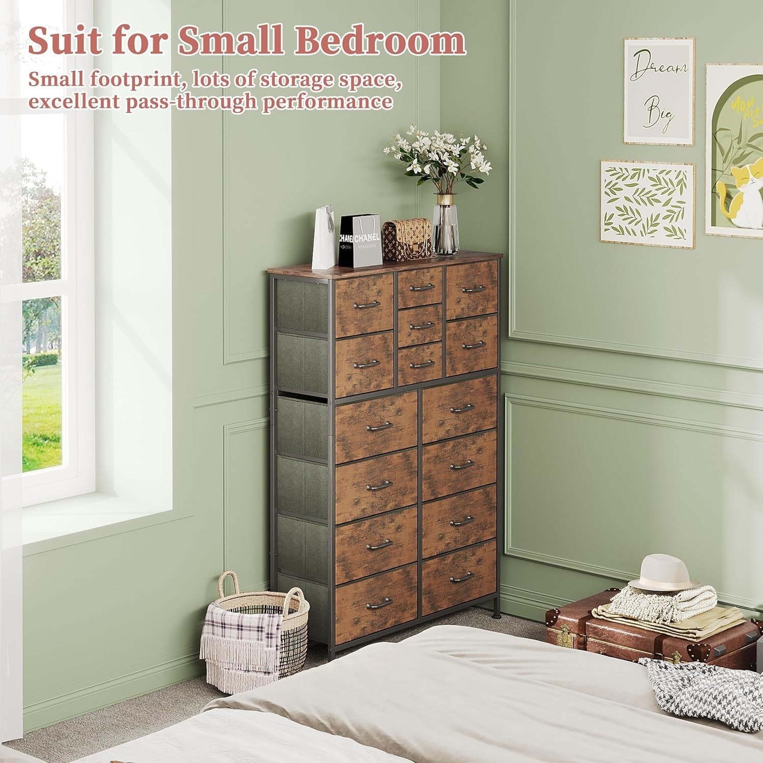 15 Drawer Fabric Chest Dresser Wood Top Tall Storage Unit Rustic Brown