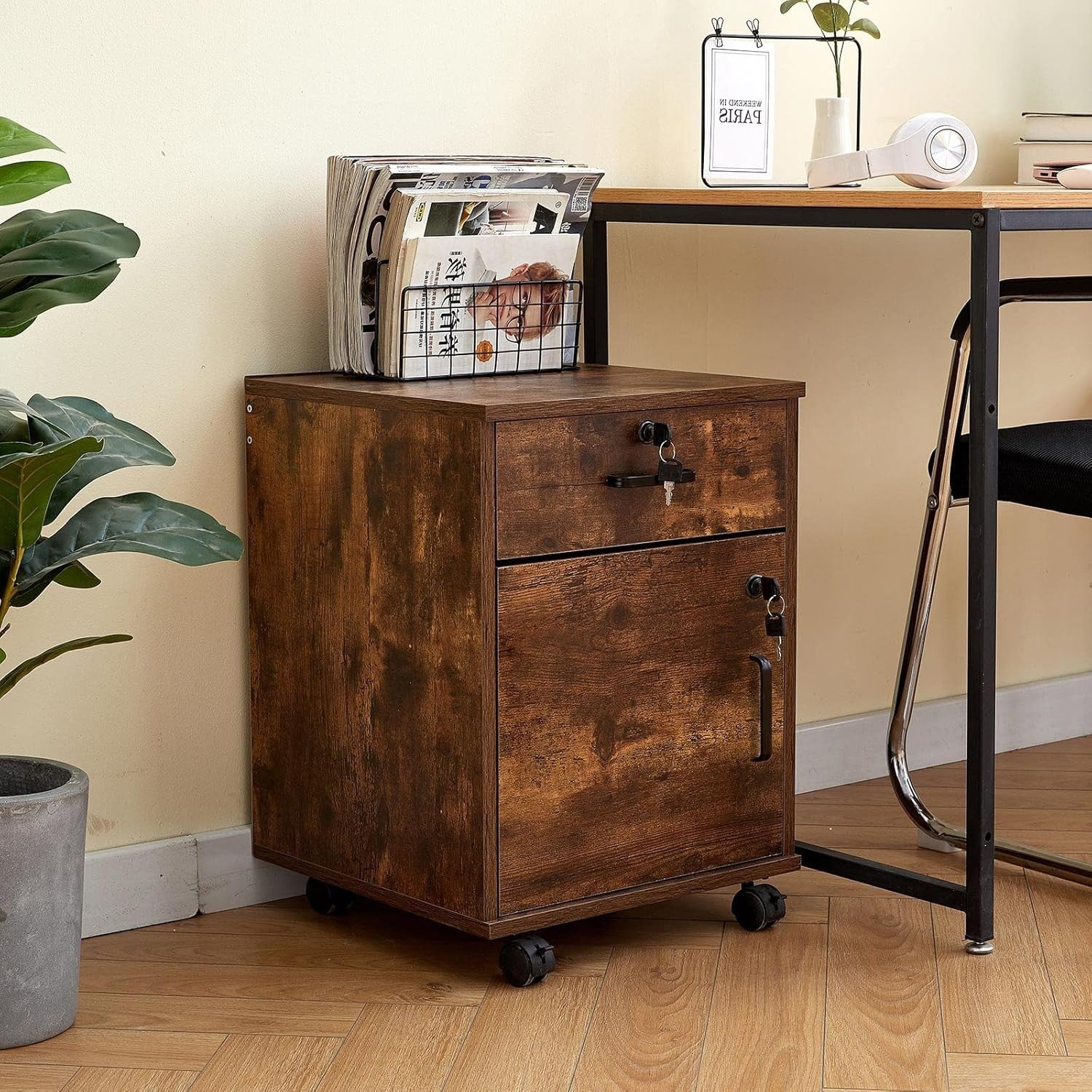Rustic Brown Mobile File Cabinet 40cm Lockable Under Desk Storage