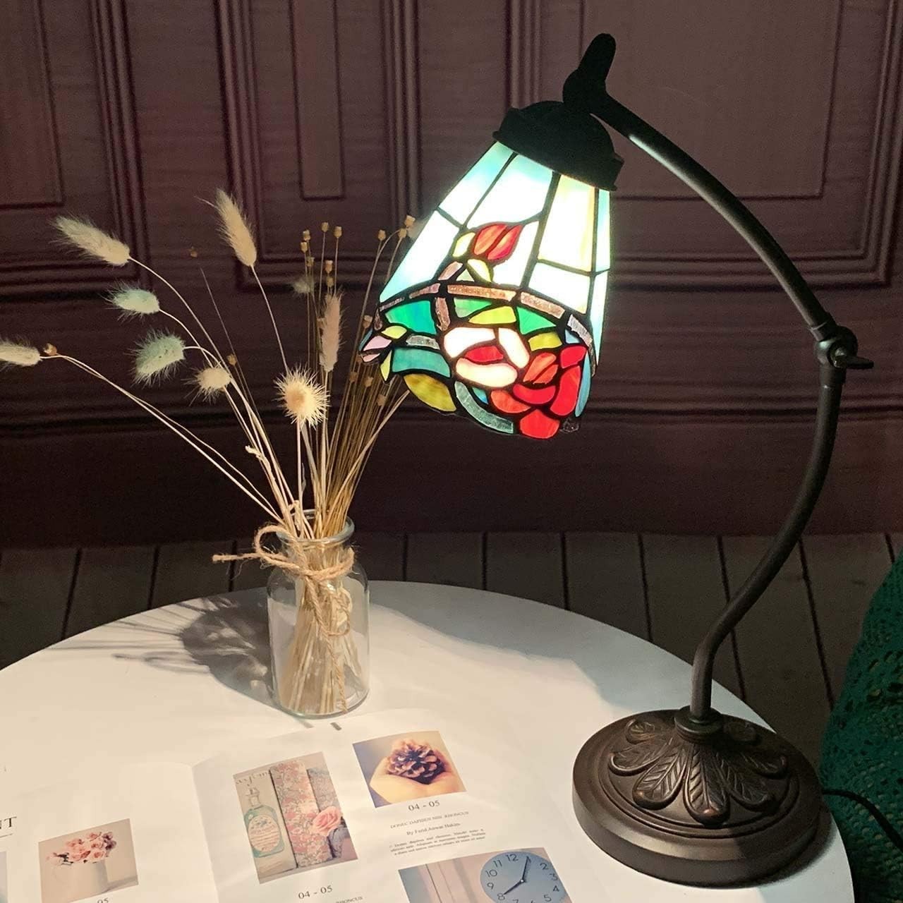 Rose Flower Stained Glass Desk Lamp Adjustable Tiffany Style Night Light