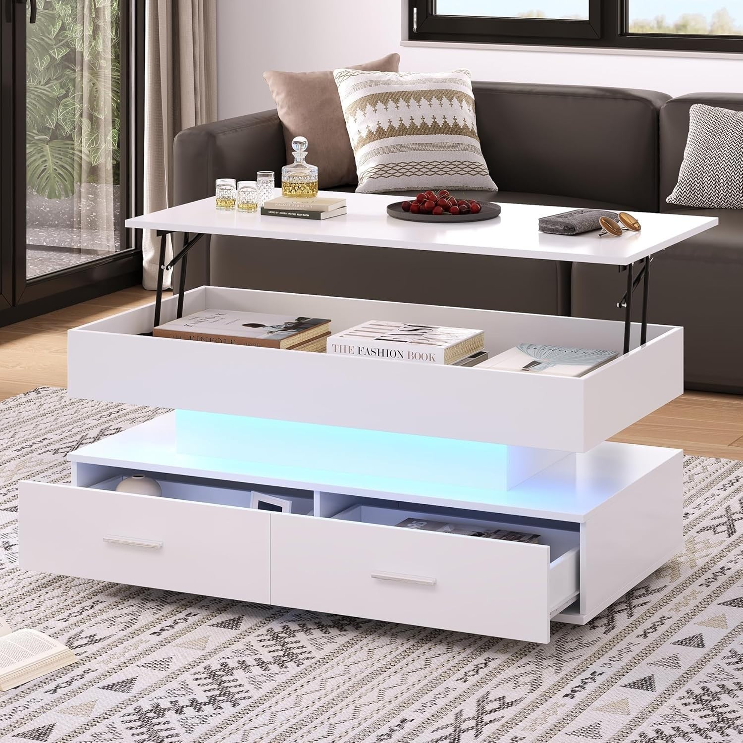 LED Lift Top Coffee Table with Storage Drawers, RGB Lights, Modern White