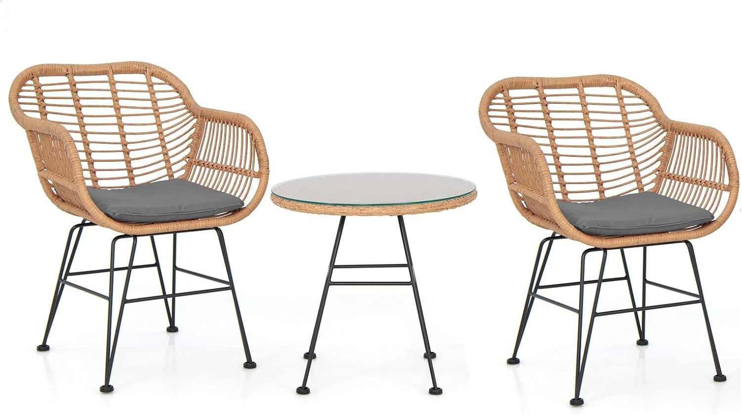 3 Piece Rattan Bistro Set Outdoor Patio Chairs with Glass Table & Cushions