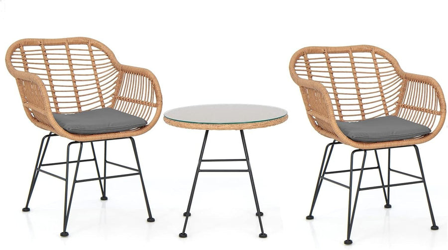 3 Piece Rattan Bistro Set Outdoor Patio Chairs with Glass Table & Cushions