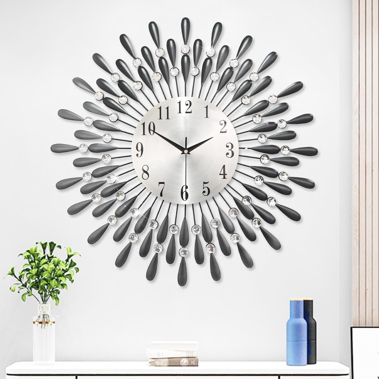 50.8cm Large Diamond Wall Clock – Silent Modern Sunburst Design Black