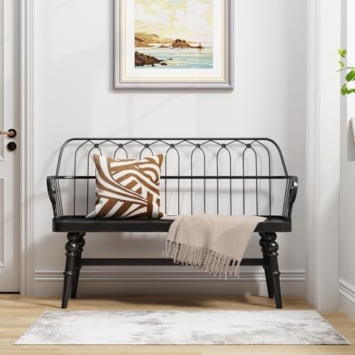 Black Farmhouse Entryway Bench with Back & Metal Spindle Indoor Seating
