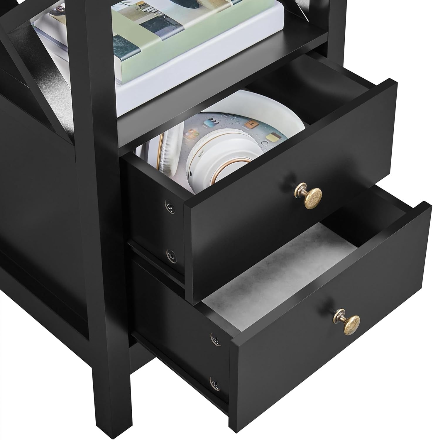 Set of 2 Black Bedside Tables with Drawers & Shelf – Modern X-Design Nightstands