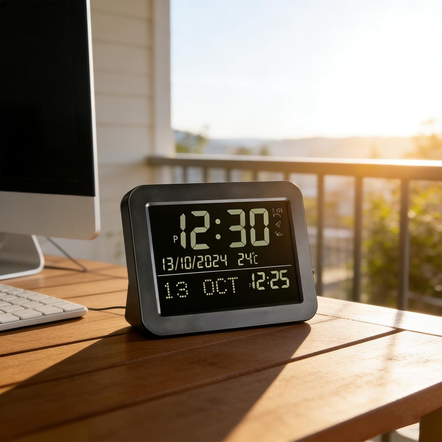 Gold Metal LCD Alarm Clock Large Display Date Temp Backlit Bedside