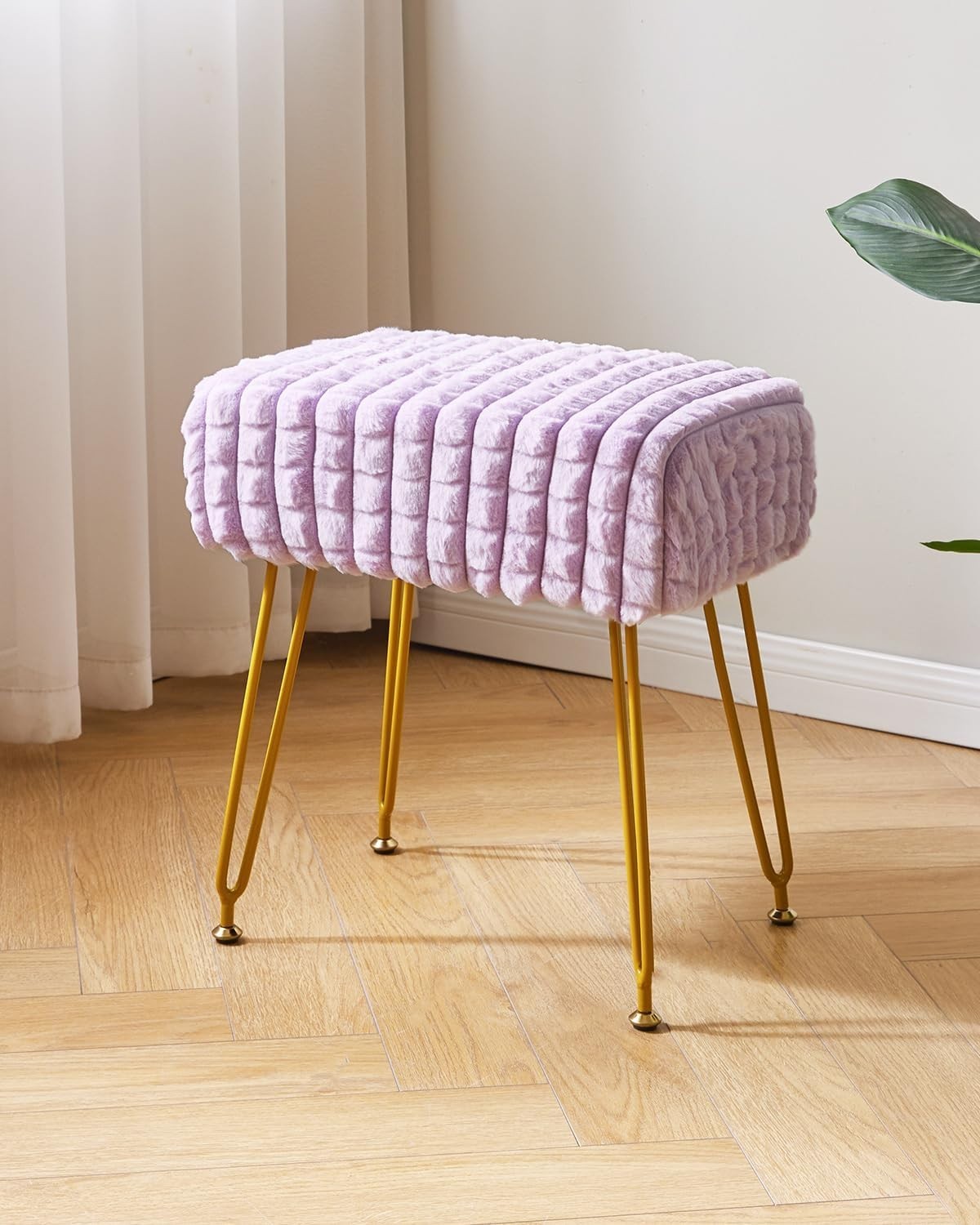 Purple Velvet Footrest Ottoman – Golder Legs, Compact Vanity Stool & Side Table