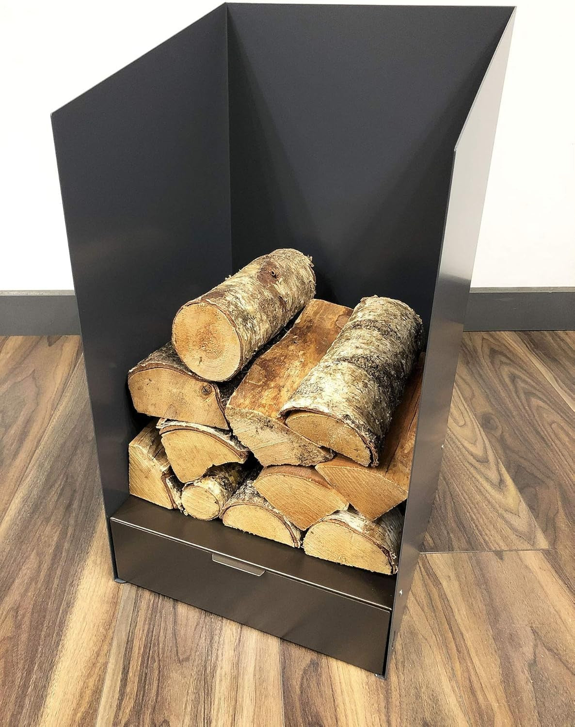 Firewood Log Holder with Drawer Indoor Steel Wood Storage Rack Modern