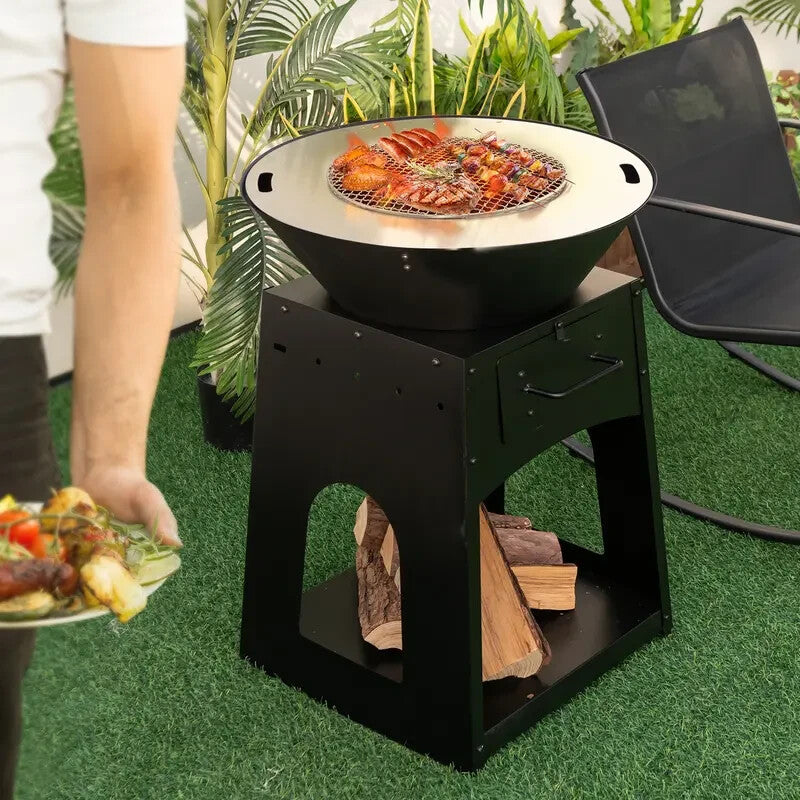 Outdoor Fire Pit BBQ Grill Wood/Coal Burner w/ Tools, Rack & Gloves