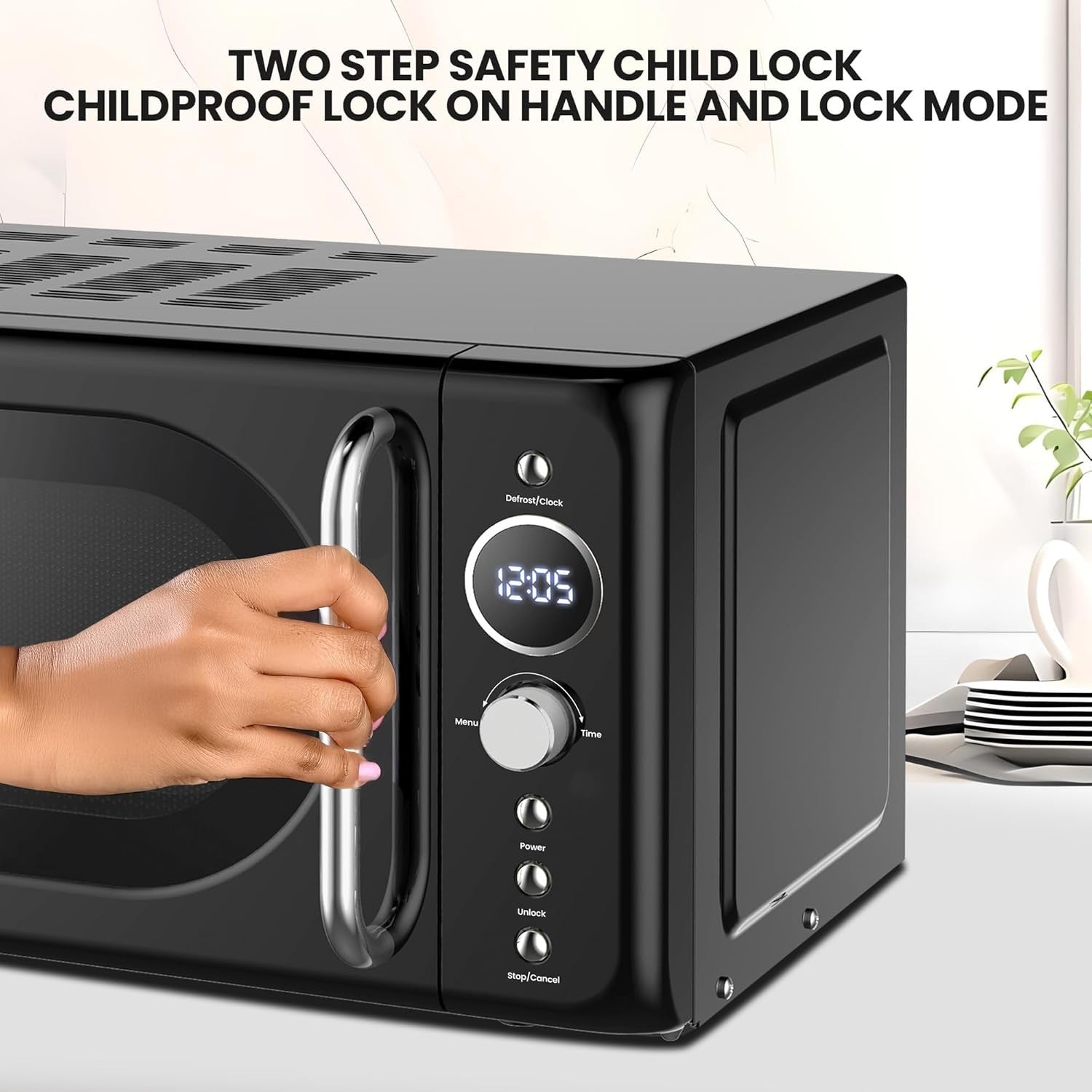 700W Digital 20L Retro Microwave Oven Black LED 8 Modes Glass Turntable
