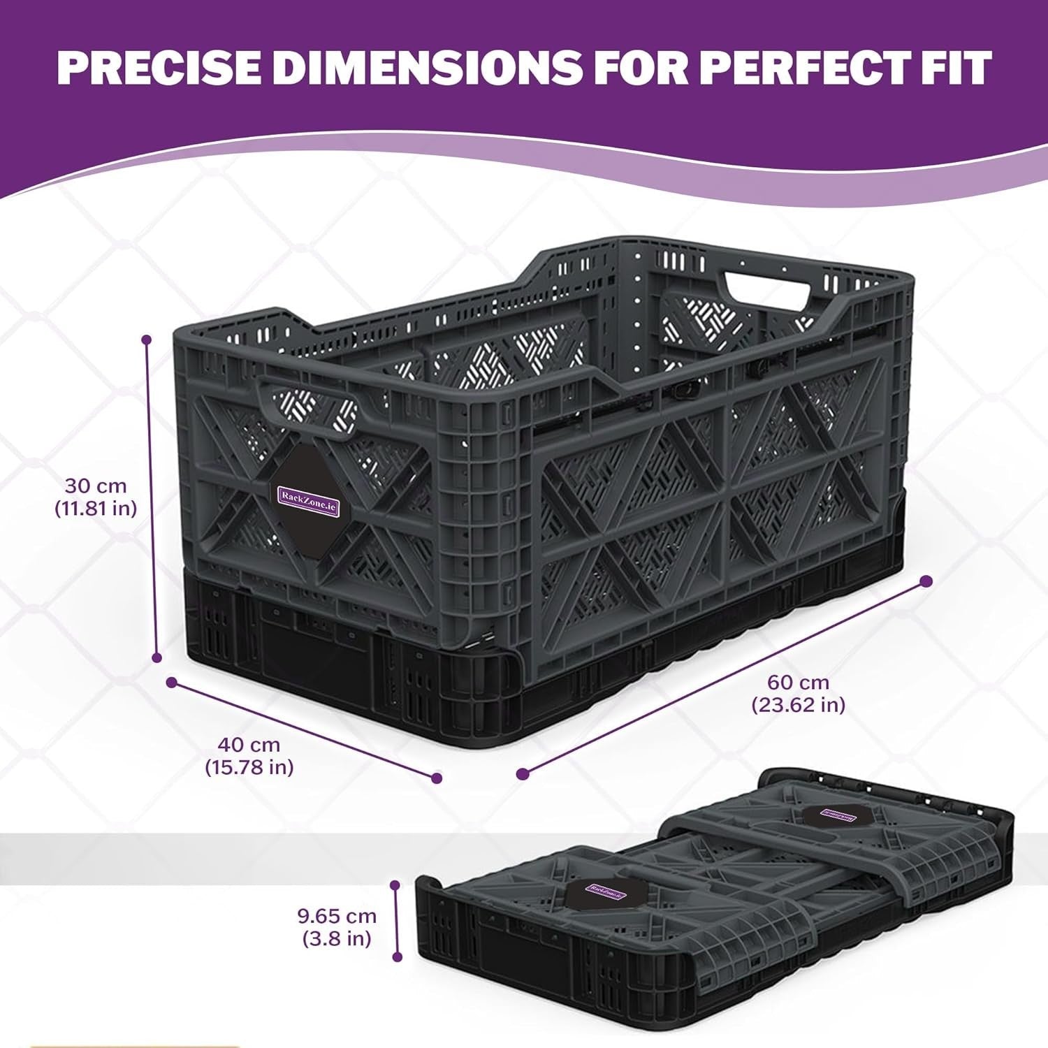 Heavy Duty Collapsible Storage Crate 60x40x30cm 59L Grey