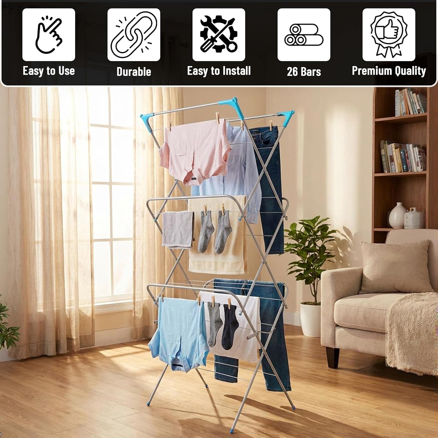 3 Tier Clothes Airer Folding Laundry Drying Rack Indoor Outdoor Tower