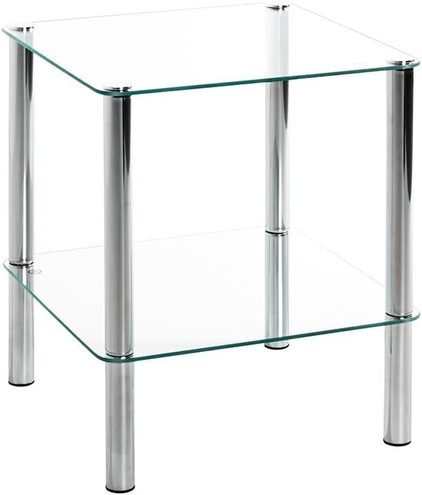 Modern Chrome Metal End Table with Tempered Glass Shelf 39x39x47cm