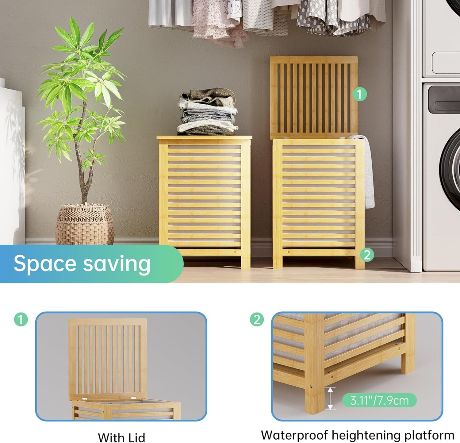 Natural Bamboo Double Laundry Hamper with Lid 120L 2 Section Basket 47x47x65cm