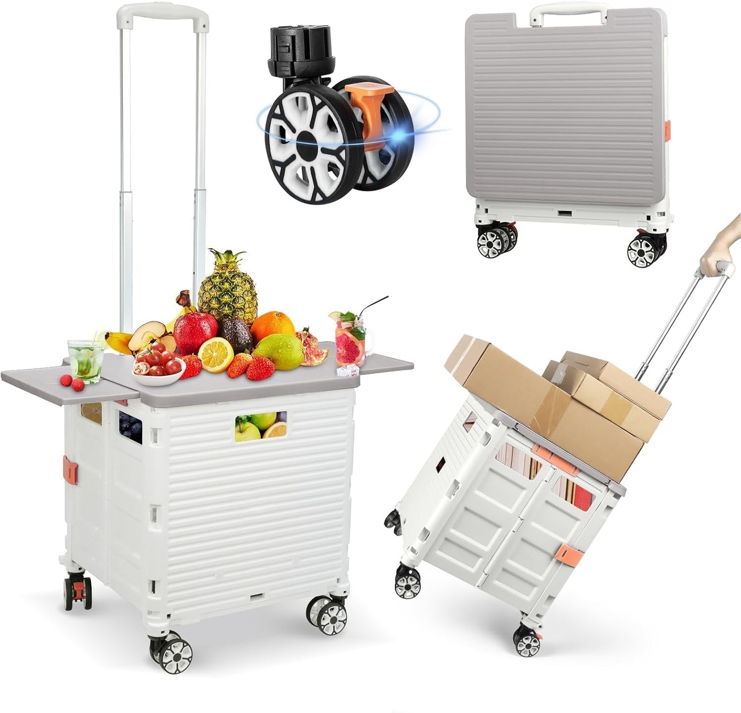 Foldable Shopping Cart Heavy Duty 55kg 360° Wheels Telescopic Handle White