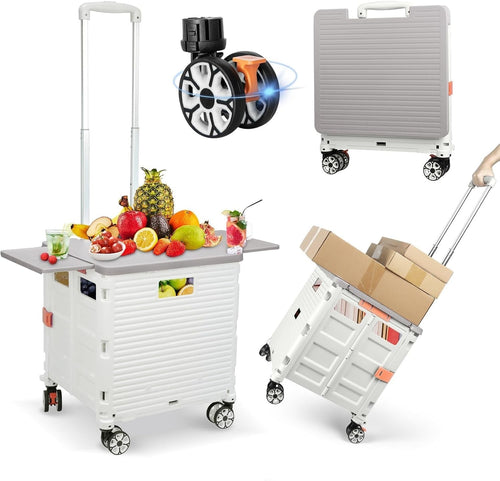 Foldable Shopping Cart Heavy Duty 55kg 360° Wheels Telescopic Handle White
