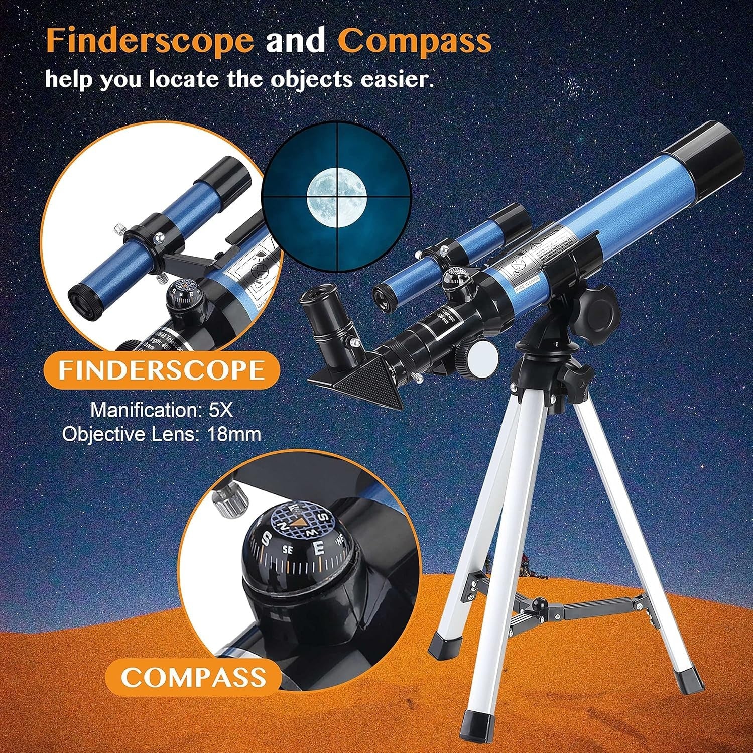 40mm Aperture 400mm Refractor Telescope for Kids & Beginners with Tripod - Blue