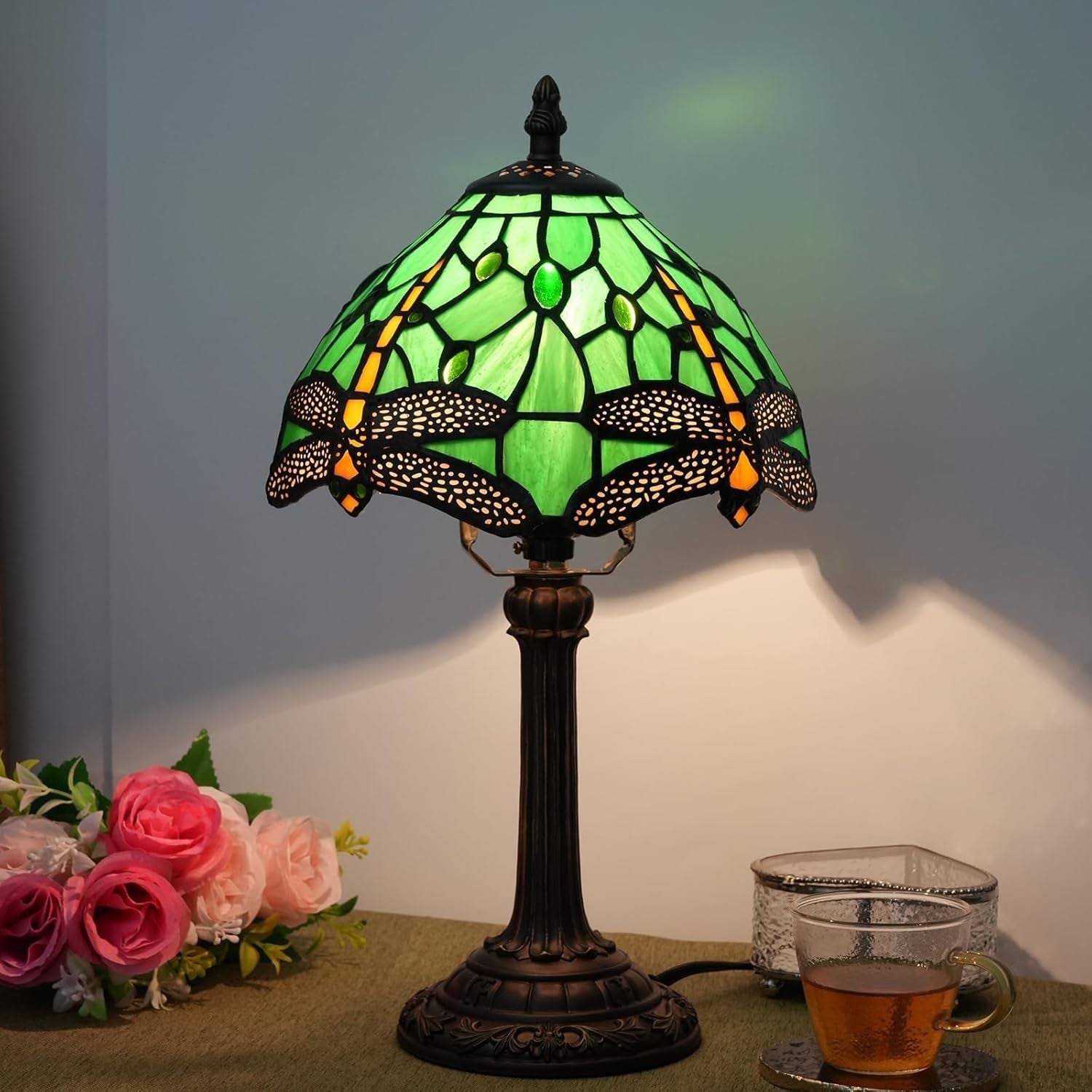 Green Dragonfly Stained Glass Table Lamp 8x14 Inch Bedside Light