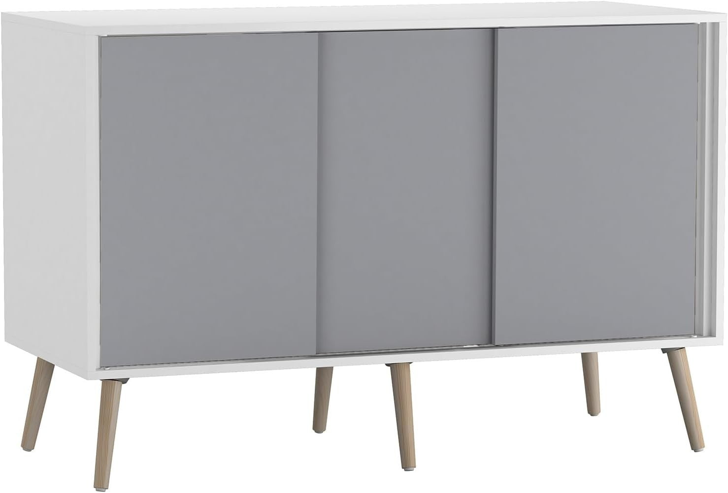 Modern Grey Sideboard Cabinet White Frame Storage Unit with Beech Legs