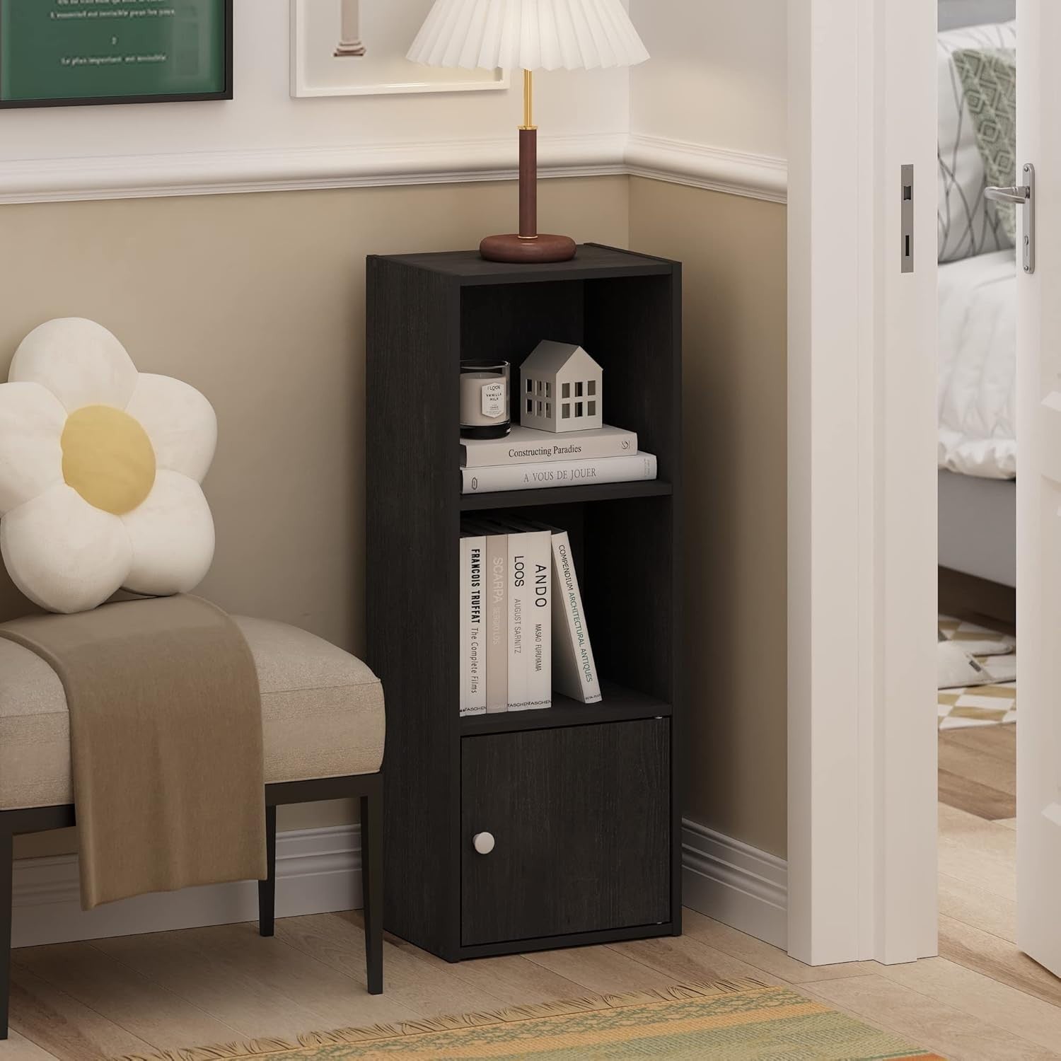 Modern 3-Tier Blackwood Shelf Bookcase with 1 Door Storage Cabinet