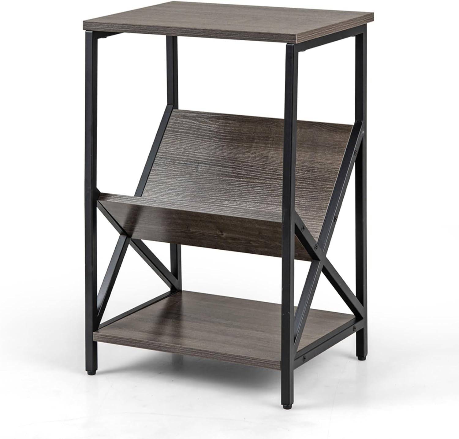 3-Tier Industrial Sofa Side Table with V-Shaped Magazine Holder & Storage