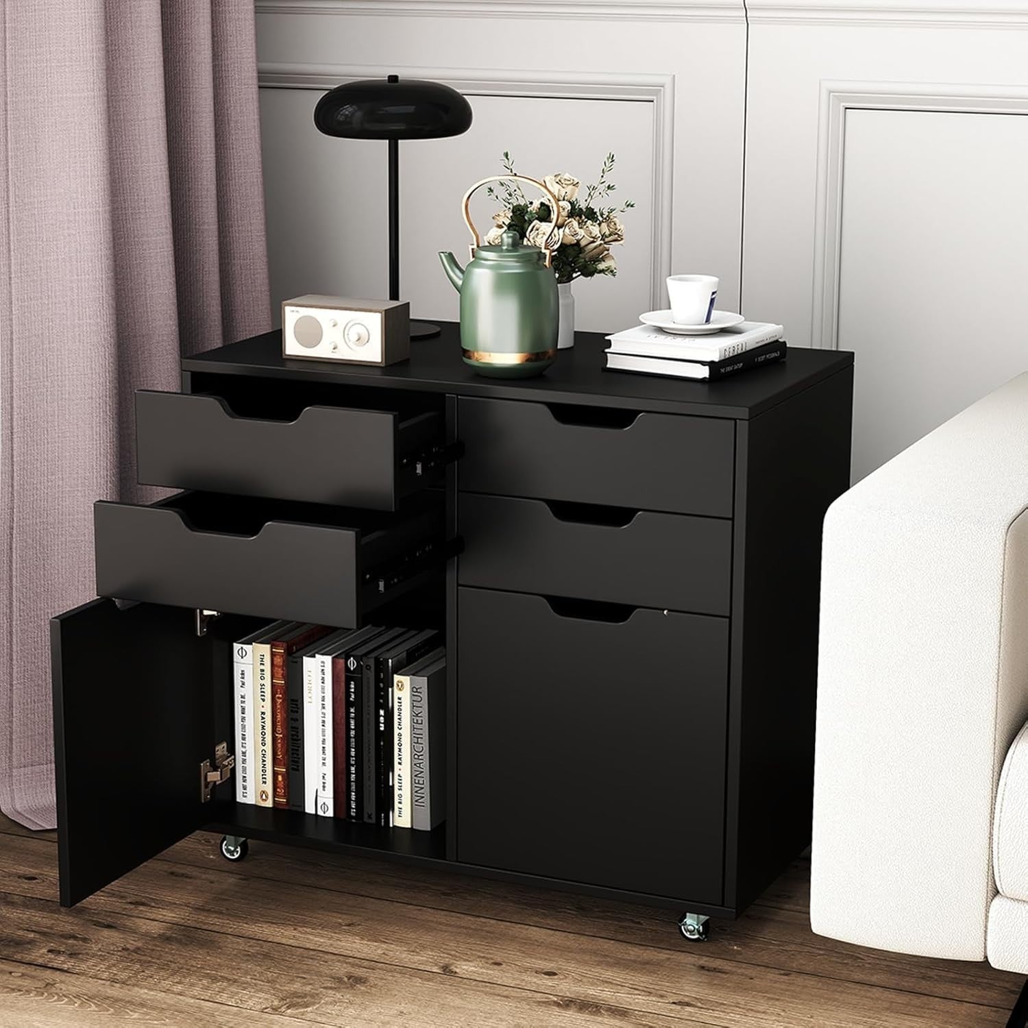 Black Rolling File Cabinet 4 Drawer 2 Door Mobile Printer Stand