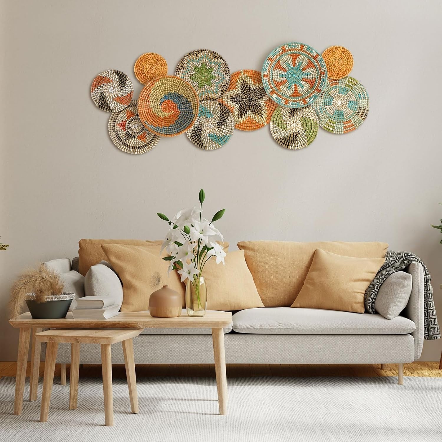 11PCS Boho Woven Wall Baskets Round Farmhouse Decor Multi Sizes
