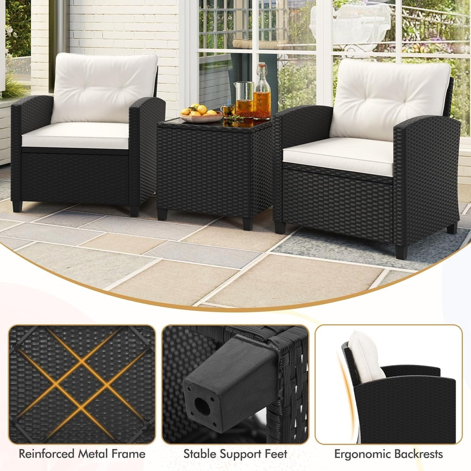3PC Rattan Garden Bistro Set Chairs Table Cushions Outdoor Patio Lounge
