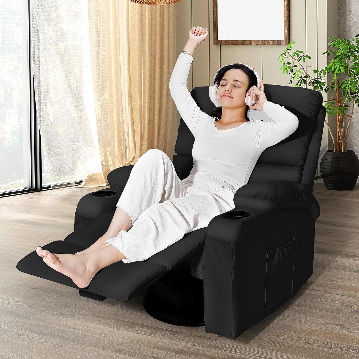 Swivel Rocker Recliner Massage Heat USB Type-C Charging Faux Leather Black