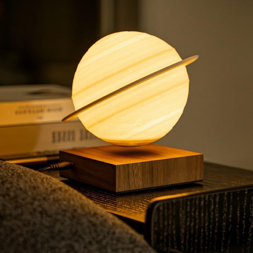 Levitating Saturn Lamp Walnut Wood Base 3D Printed Floating Night Light
