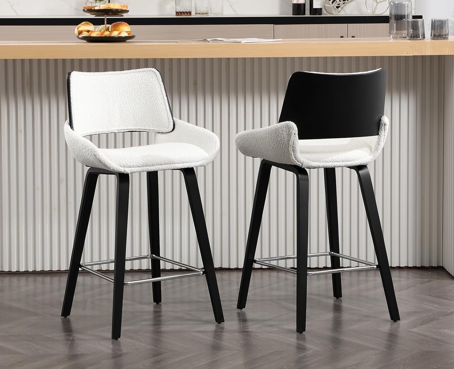 Modern White Bar Stools Set of 2 | Sherpa Seat, Solid Wood Frame