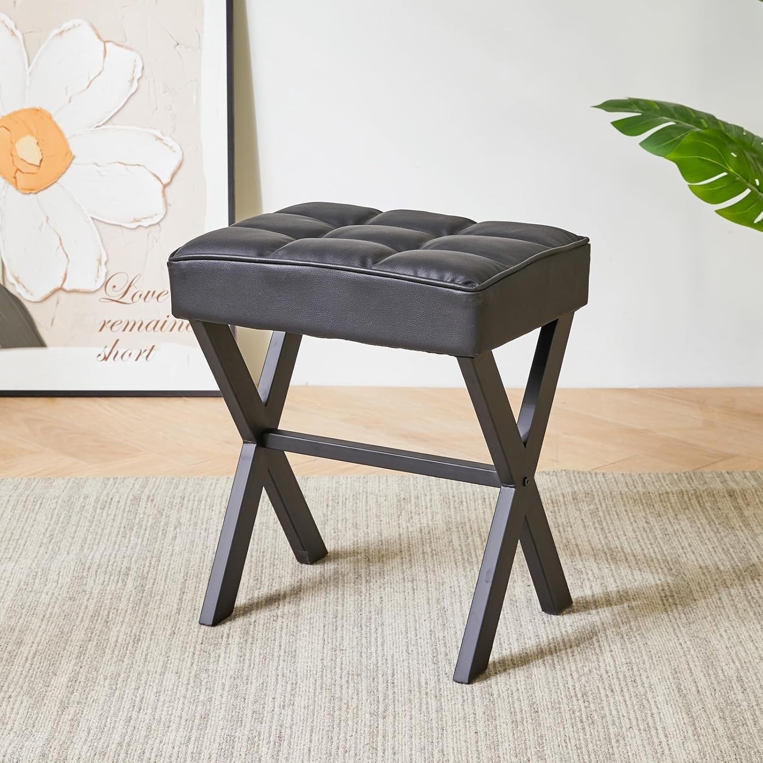 Black PU Square Makeup Stool with X-Leg Base – Vanity Footrest Ottoman