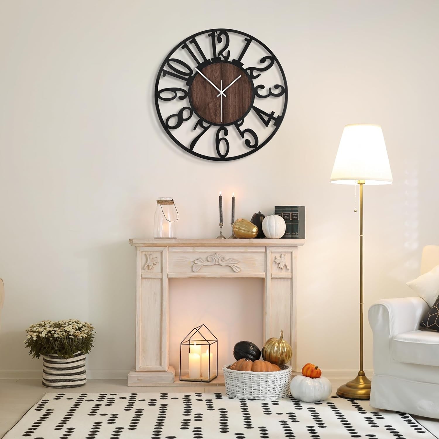 Large 40cm Silent Wall Clock Modern Rustic Metal Wood Arabic Number Decor