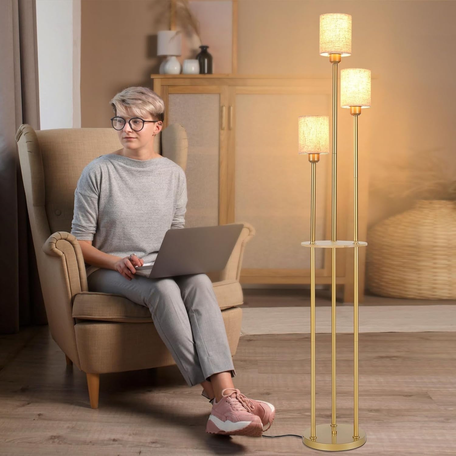 Modern 3-Light LED Floor Lamp with Shelves, Fabric Shade & Foot Switch
