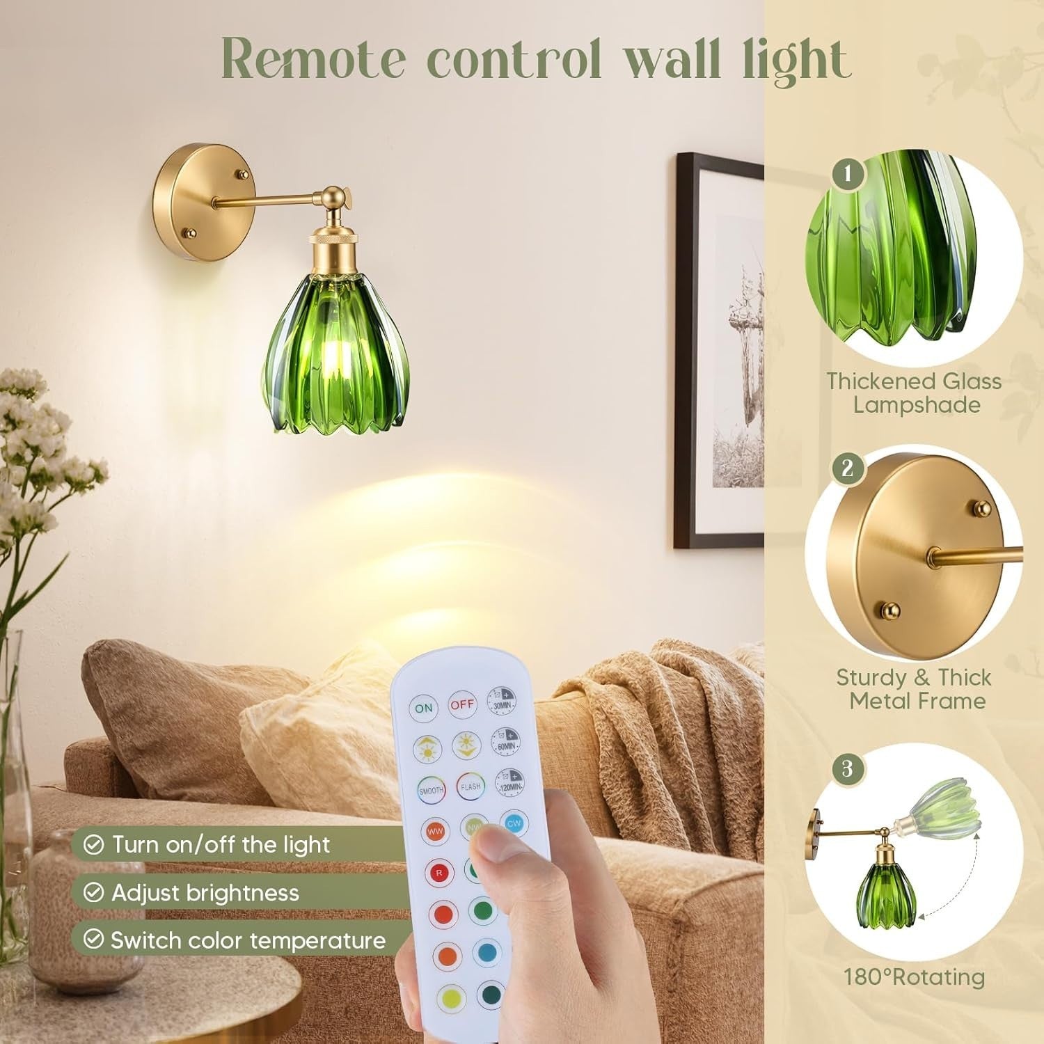 Vintage Wall Sconce Lights Set 2 Green Glass LED Wireless Dimmable Remote