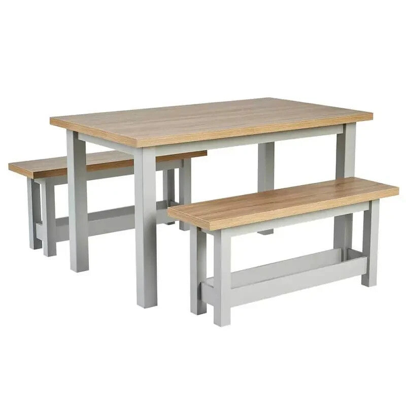 Oak Effect Dining Table & 2 Bench Set Grey Painted MDF Compact Kitchen Set
