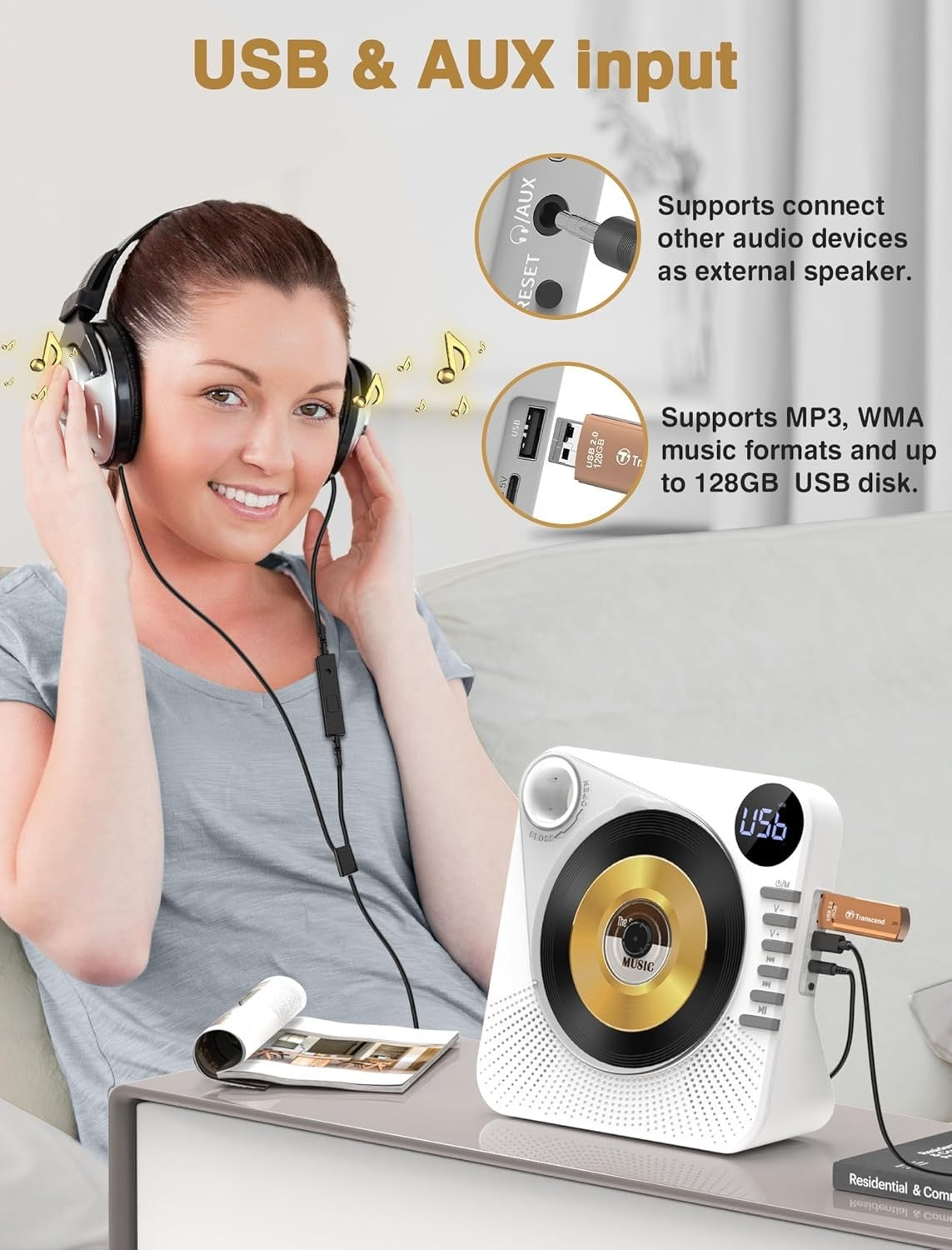 Bluetooth 5.1 CD Player w Speakers LED Display Remote USB AUX White