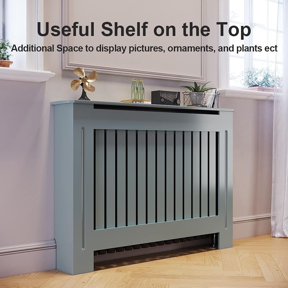 Small Grey Radiator Cover Cabinet | Modern Vertical Slatted MDF Heater Cover