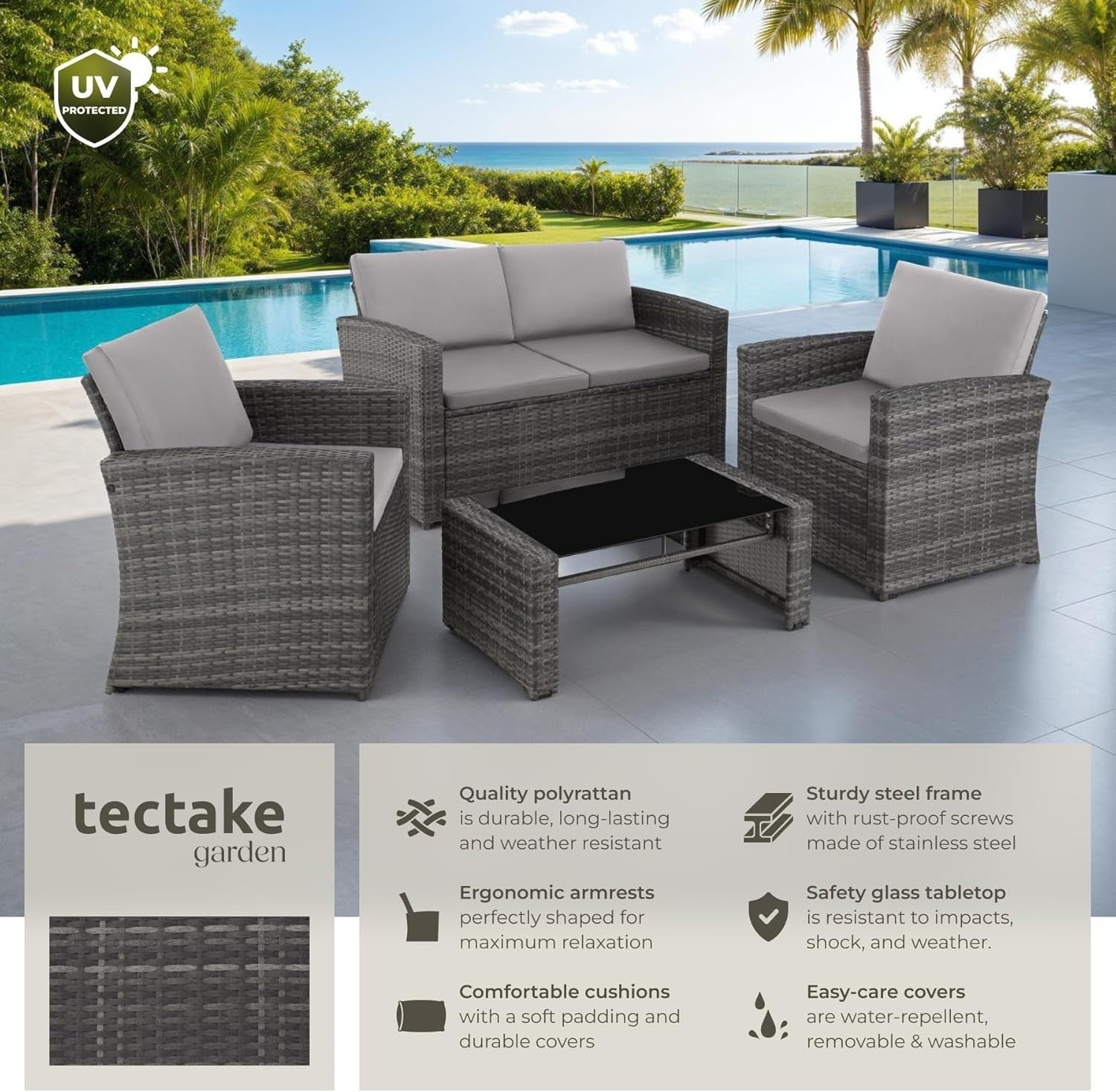 Rattan Garden Furniture Set 4 Seater Sofa Chairs Table Grey Cushions
