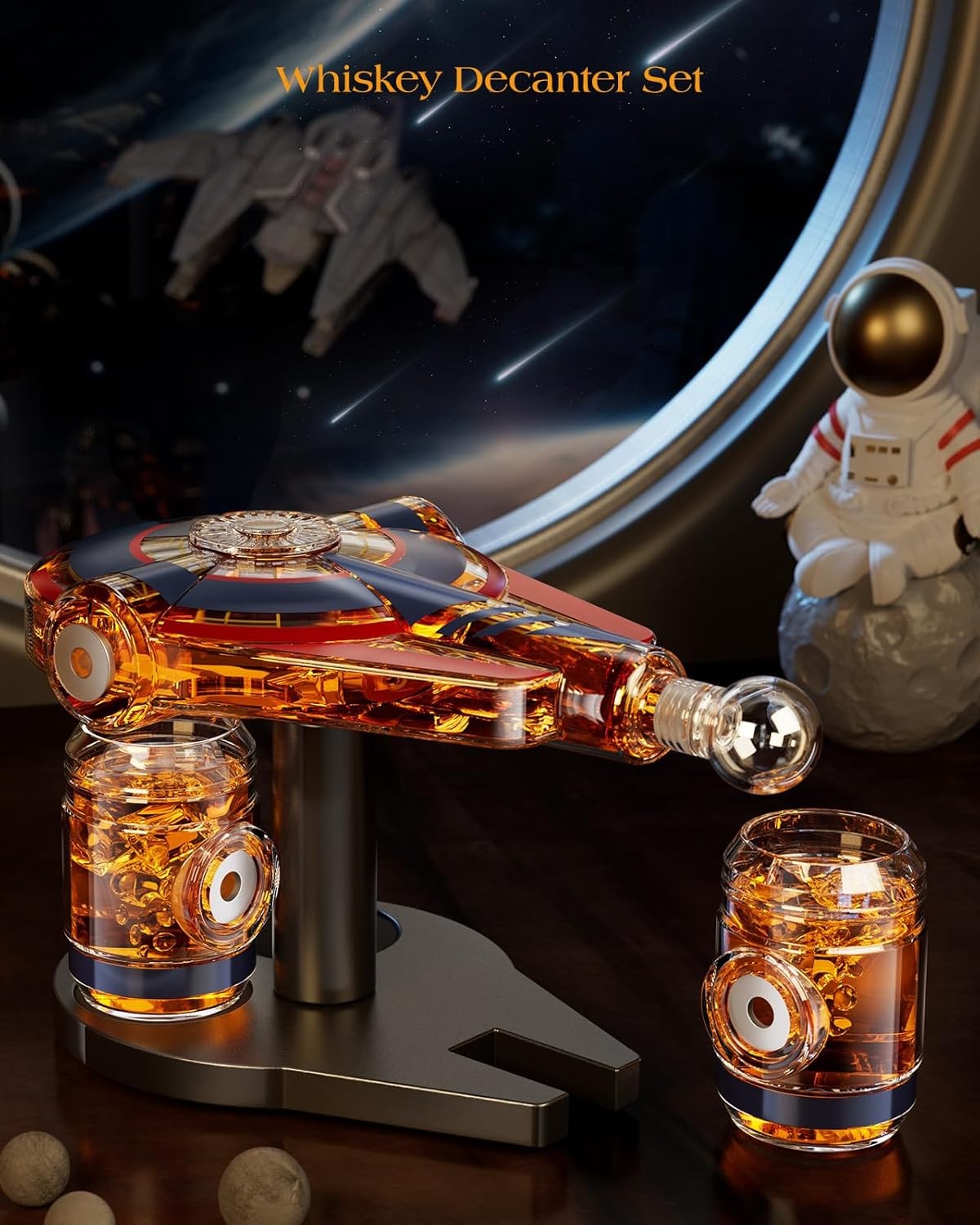 Galaxy Spaceship Whiskey Decanter Set 840ml with 2 Shot Glasses Gift Display