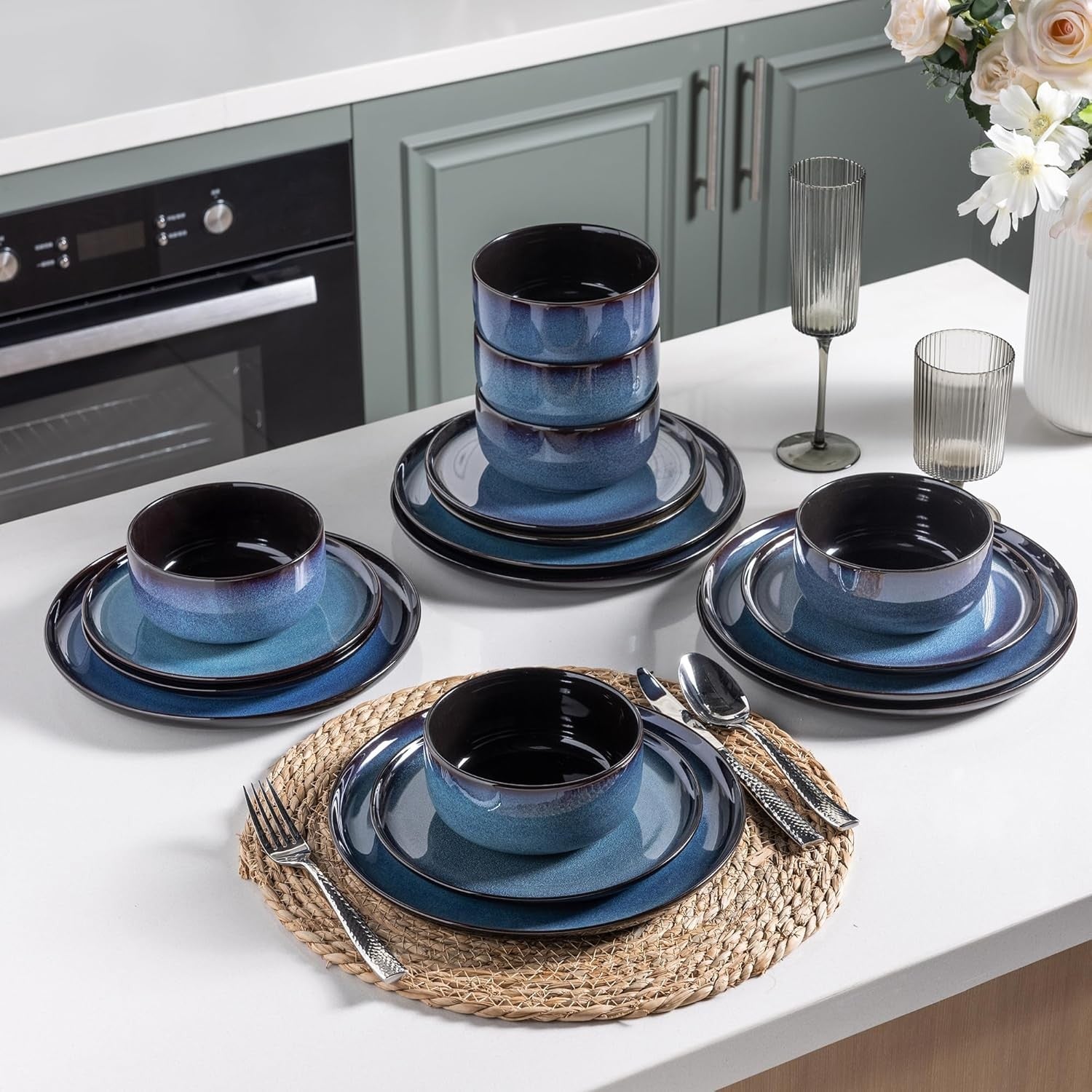24pc Stoneware Dinner Set Chip Scratch Resistant Dishwasher Microwave Safe
